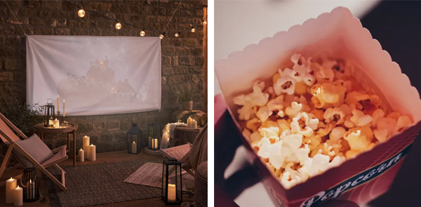 Khung cảnh rạp chiếu phim ban đêm và popcorn